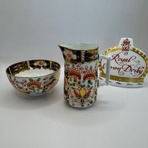 Antique Royal Crown Derby Old Imari petite cream pitcher and open sugar bowl set